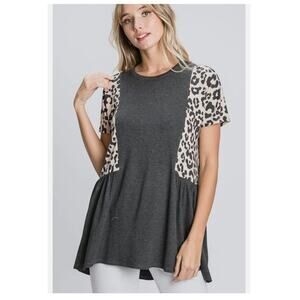 Heimish USA Women’s Boutique Size M Top Gray Leopard Babydoll Shirt Comfy